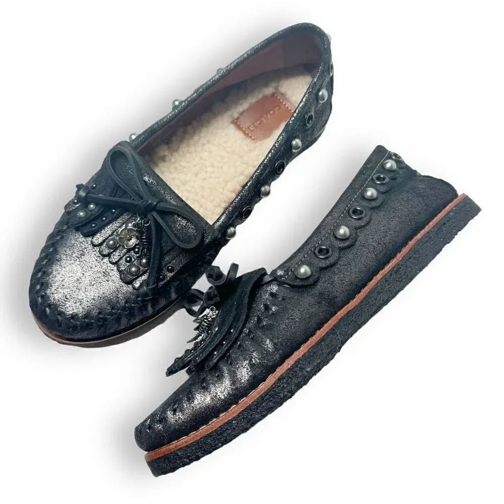 COACH Roccasin Black Metallic Leather Slip On Moccasins Sherpa Flat Loafers Sz 6